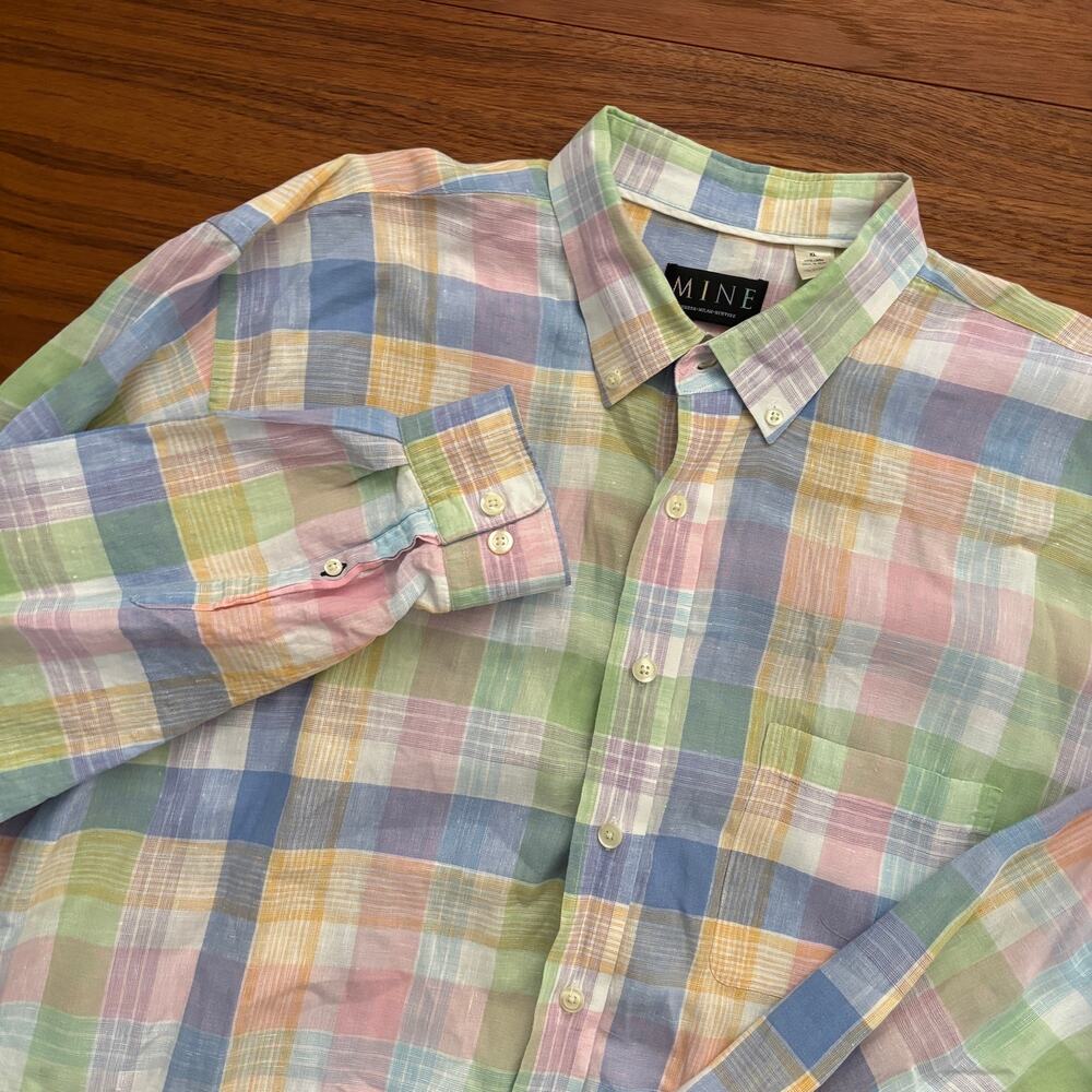 MINE Men's 100% Linen Pastel Plaid Long Sleeve Button Down Shirt Size XL